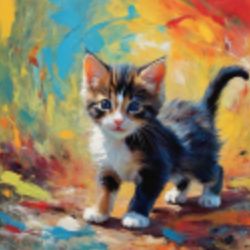 AI-generated painting of a cute kitten with a colorful abstract background, ideal for selling AI art online.