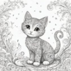 AI-generated black and white line drawing of a kitten, ideal for selling AI art prints.
