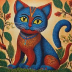 AI-generated colorful painting of a blue and orange kitten, excellent for selling AI art.
