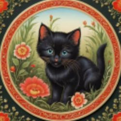 AI-generated image of a black kitten in a floral decorative frame, perfect for selling AI art.

