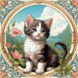 AI-generated art of a kitten in a vintage decorative frame, perfect for selling AI art in digital marketplaces.