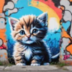 AI-generated art featuring a playful kitten with a vibrant graffiti background, excellent for selling AI art.