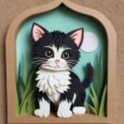 AI-generated image of a black and white kitten in a decorative frame, great for selling AI art.
