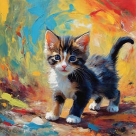AI-generated painting of a cute kitten with a colorful abstract background, perfect for selling AI art on digital marketplaces.
