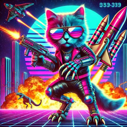 Vibrant AI-generated artwork of a futuristic cat in neon colors, equipped with weapons and rockets, ideal for selling AI art online.